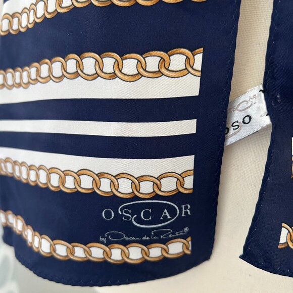 Oscar de la Renta 100% silk scarf white and navy stripe with gold chain detail - Picture 4 of 8